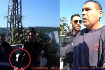 **على اليسار:** محاولة انتزاع مسدس الشرطي. **على اليمين:** المتهم يُقتاد إلى الدورية. *(صورة من ملف التحقيق)*