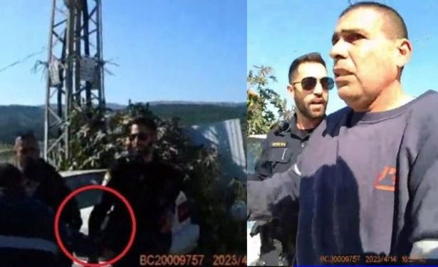 **على اليسار:** محاولة انتزاع مسدس الشرطي. **على اليمين:** المتهم يُقتاد إلى الدورية. *(صورة من ملف التحقيق)*