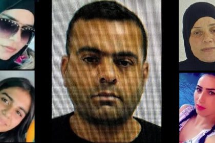 عصام أبو حجاج وأربع النساء اللواتي قُتلن: سحر أبو حجاج وسمر خطيب (يمين، من الأعلى إلى الأسفل)، منار أبو حجاج وابنتها خضرة (يسار).